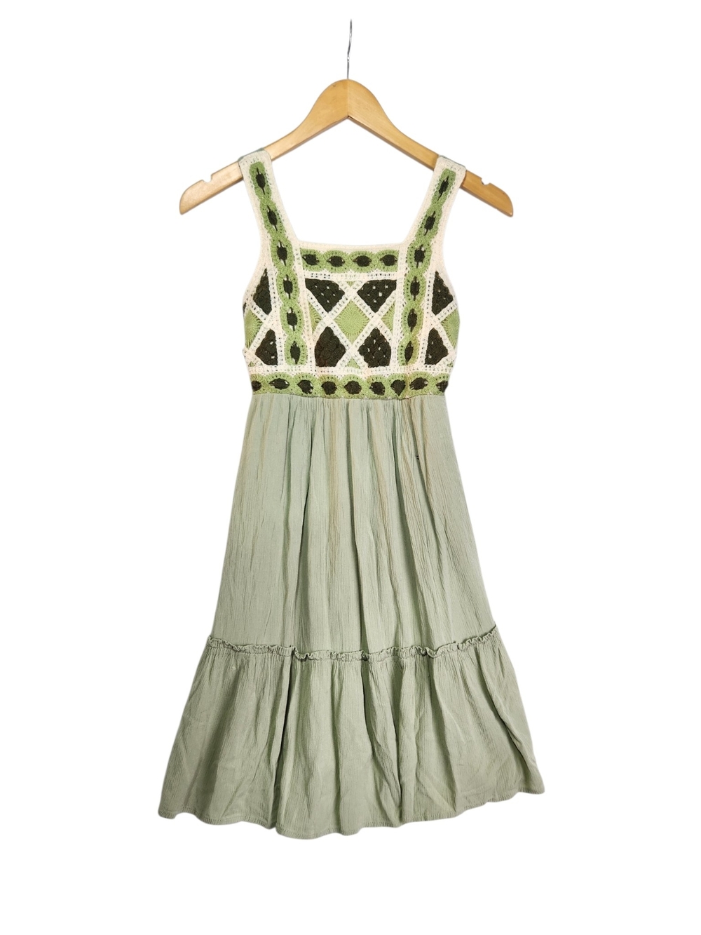 Love Squared Girls Sage Green Crochet Boho Dress Size 7 Lined Sleeveless